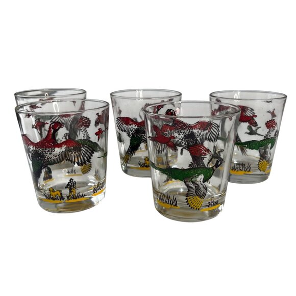 Vintage Pheasant Dog Hunting Themed Shot Glass Set of 5 Bar Glass - Picture 1 of 4
